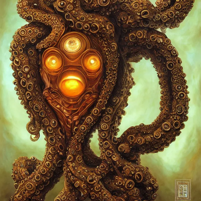 Prompt: beautiful and exotic octopus queen bust portrait, glowing big eyes, art nouveau declotage, perfect symmetrical facial features, hyperrealistic bone structure, extremely hyperdetailed, mixed media painting, unreal engine, 8 k, octane, 8 mm, by travis charest, rodney matthews and chris achilleos