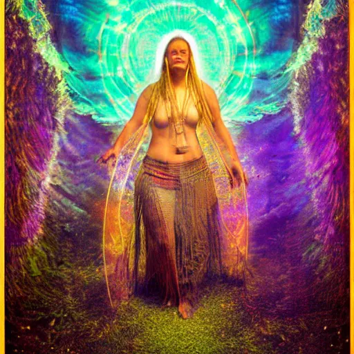 Prompt: holofrenia is a shaman, guiding a crowd of time travellers, inside sacred geometry landing to planet earth, fibonacci energy portals, detailed, portrait photo, kodak ektachrom, gregory crewdson light abductions