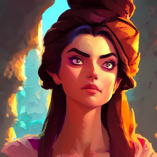 Image similar to portrait of a beautiful woman, maya ali mage, gloomhaven, dynamic lighting, gaudy colors, octane render aesthetic, matte painting concept art, official fanart behance hd artstation by jesper ejsing, by rhads and makoto shinkai and lois van baarle and ilya kuvshinov and rossdraws