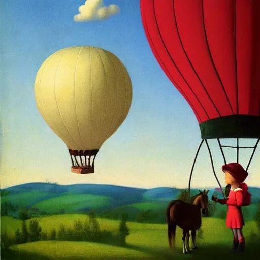 Image similar to a girl and her horse enjoy a hot-air balloon show by Raphael, Hopper, and Rene Magritte. detailed, romantic, enchanting, trending on artstation.