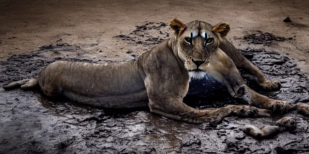 Image similar to a photo of a lioness, made of tar, bathing inside the tar pit, full of tar, covered with liquid tar. dslr, photography, realism, animal photography, color, savanna, wildlife photography