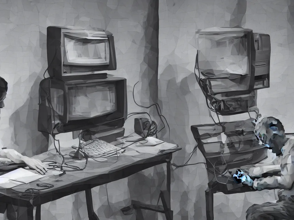 Prompt: programmer pull their hair out sitting in front of an old computer with crt screen, depressing, low poly stylised