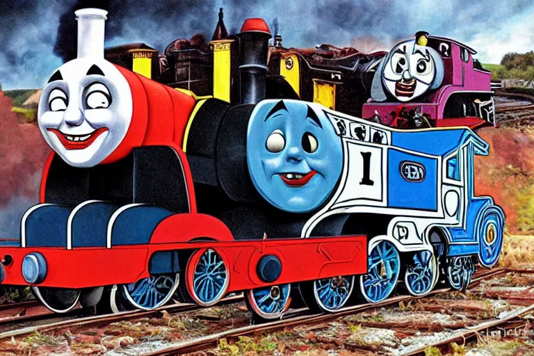 Prompt: Thomas the Tank Engine laughing like The Joker by H.R. Giger