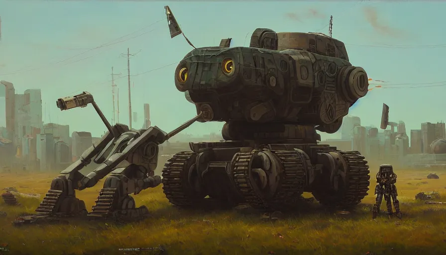 Image similar to an intricate oil painting of a giant scrap metal anime armored tank humanoid mecha with rounded components by simon stalenhag