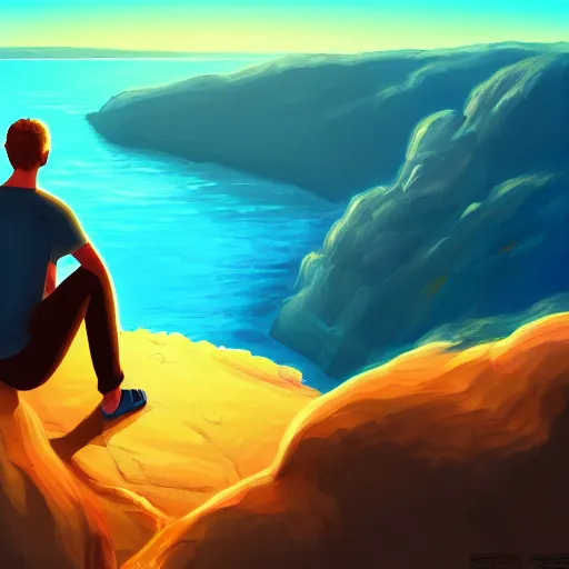 Prompt: a man sitting on a cliff watching the sun explode, painting, digital art, harsh lighting, 4 k hd wallpaper, trending on art station