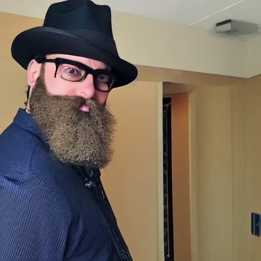 Prompt: discord moderator with a beard and fedora approaching a child