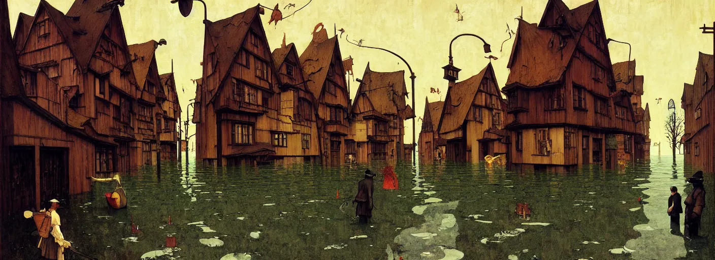 Prompt: flooded old wooden city street, very coherent and colorful high contrast masterpiece by norman rockwell franz sedlacek dean ellis simon stalenhag rene magritte gediminas pranckevicius hieronymus bosch, dark shadows, sunny day, hard lighting, reference sheet white background