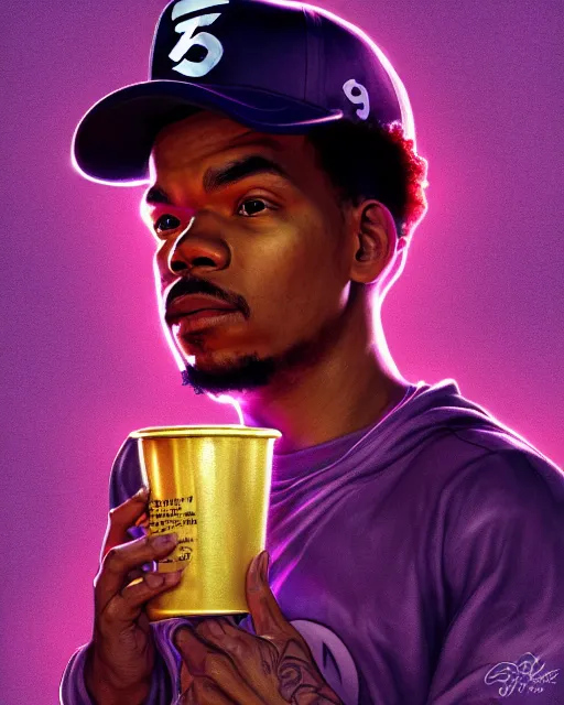 Image similar to chance the rapper holding cup of codeine, accurate details, detailed face, holy liquid in cup glowing, fantasy, dramatic, intricate, elegant, highly detailed, digital painting, artstation, concept art, smooth, sharp focus, illustration, art by Gustave Dore, octane render