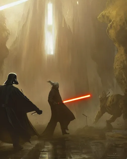 Image similar to ! dream gandalf and darth vader battling with magic and light sabers, greg rutkowski, esuthio, craig mullins, cinematic lighting, gloomy