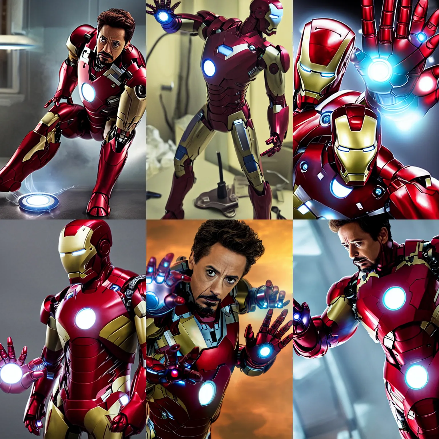 Prompt: Iron Man using gadgets to fix his suit, highly detailed,