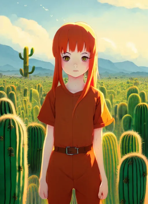 Image similar to portrait of cute redhead girl in orange jumpsuit with fox ears, holding a cactus, cloudy sky background lush landscape illustration concept art anime key visual trending pixiv fanbox by wlop and greg rutkowski and makoto shinkai and studio ghibli