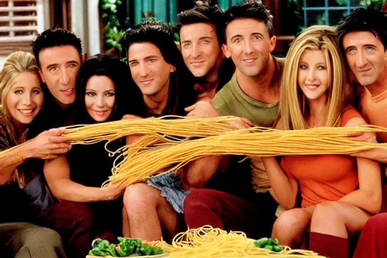 Image similar to the episode of Friends where everyone gets covered in spaghetti