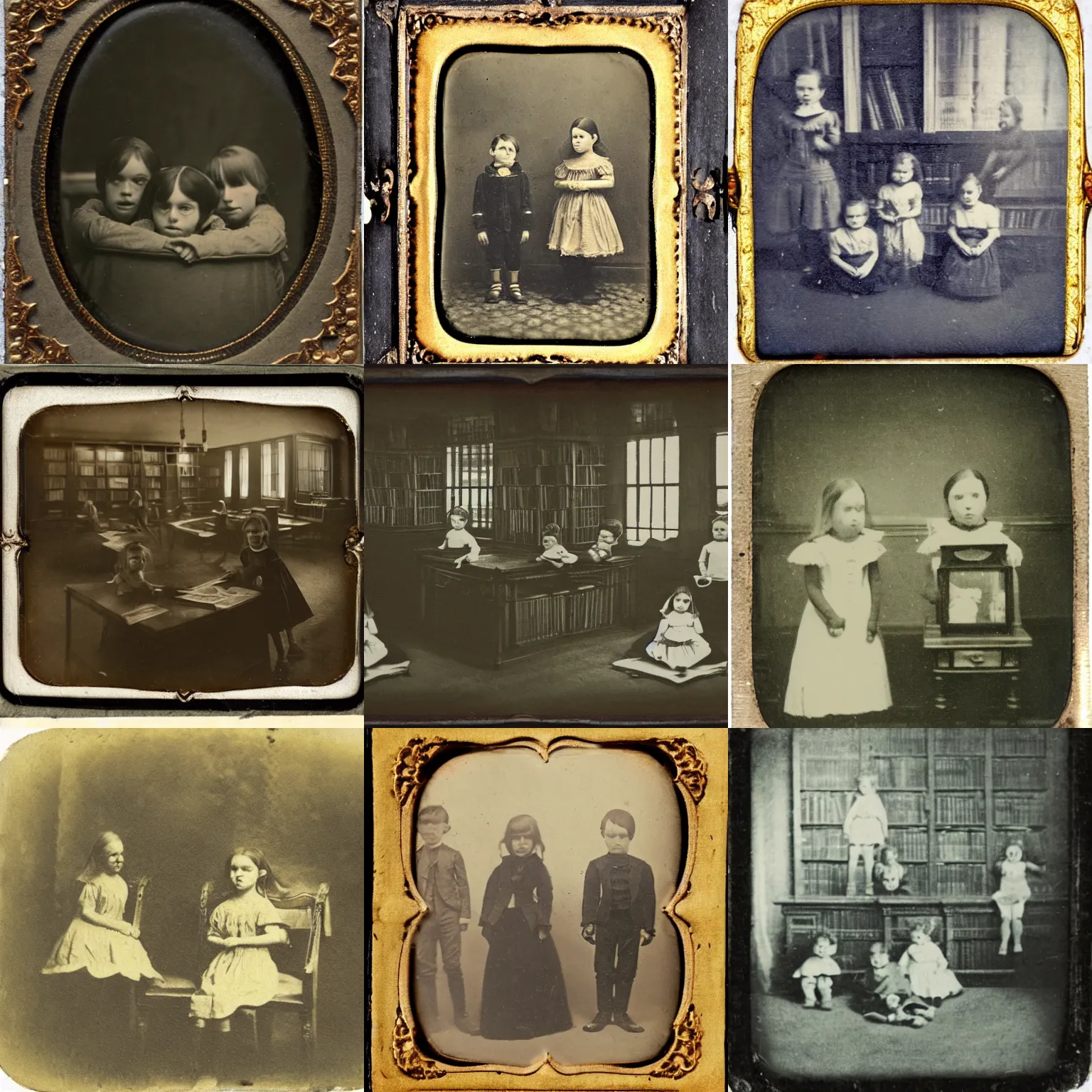 Prompt: creepy victorian daguerreotype of children playing in a victorian library with ghosts behind them