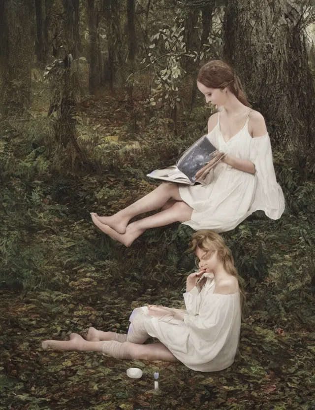 Image similar to Girl in white reading a book sitting on a tree in a foggy forest, Cinematic focus, Polaroid photo, vintage, neutral colors, soft lights, by Steve Hanks, by Serov Valentin, by lisa yuskavage, by Andrei Tarkovsky 8k render, detailed, oil on canvas