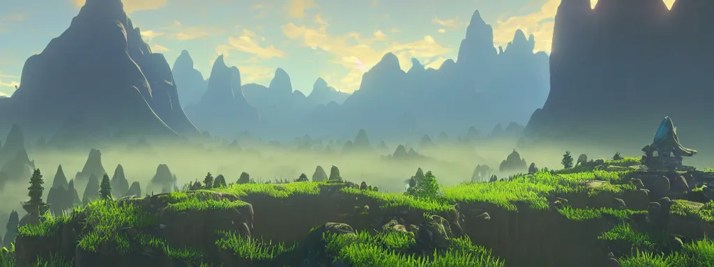 Image similar to matte painting of a magnificent ethereal valley by Zelda breath of the wild, 8k, soft volumetric fog, displacement mapped, unreal engine 5