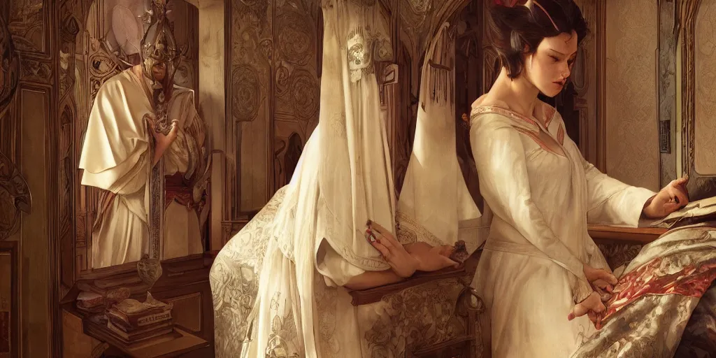 Image similar to photography of a pope making touching a sensual woman in a bedroom, deep focus, intricate, elegant, highly detailed, digital painting, artstation, concept art, matte, sharp focus, illustration, art by artgerm and greg rutkowski and alphonse mucha