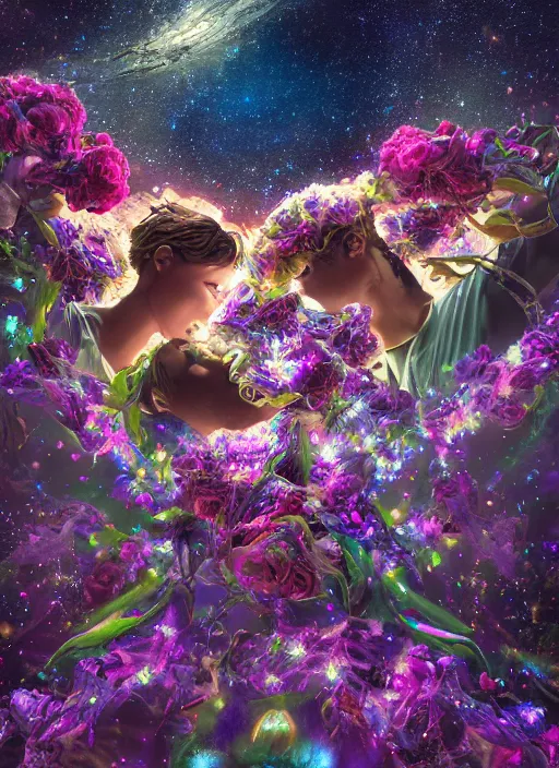 Image similar to An epic fantastic realism comic book style painting of the most beautiful entwined flowers launched across the dark and starry night sky, nebulous bouquets, fisheye lens, unreal 5, DAZ, hyperrealistic, octane render, dynamic lighting