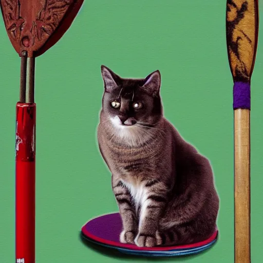 Image similar to cat sat on a mat wearing a hat and holding a bat, digital art, smooth, sharp focus