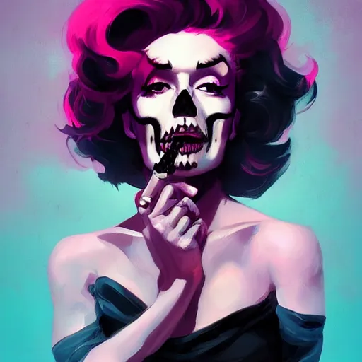 Prompt: a portrait of a girl skull face, marilyn monroe in the style of artgerm, charlie bowater, atey ghailan and mike mignola, vibrant colors and hard shadows and strong rim light, plain background, comic cover art, trending on artstation
