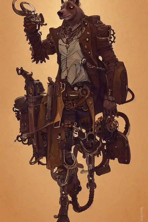 Prompt: anthropomorphic hyena as steampunk half - cyborg, western, high fantasy, dnd, smooth, sharp focus, illustration, highly detailed, digital painting, artstation, concept art, by disney animation, rossdraws, alphonse mucha, frank fanzzeta, collectible card art