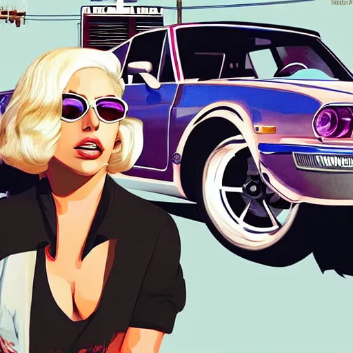 Prompt: lady gaga in gta v, car in the background, cover art by stephen bliss, vector art, detailed, artstation, no text