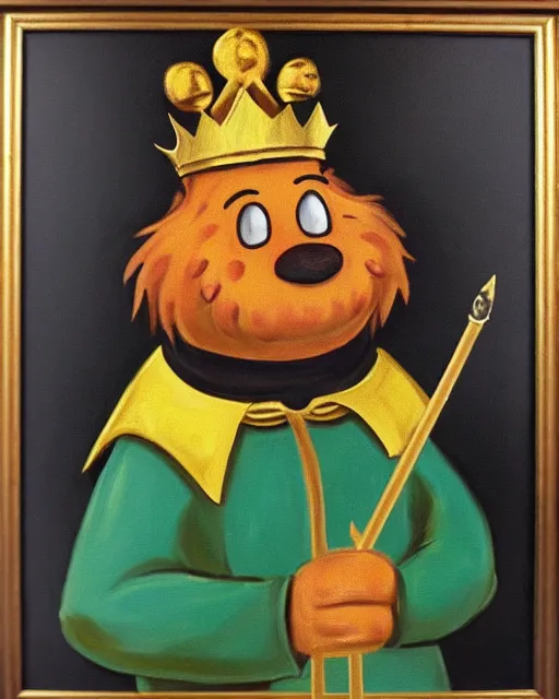 Prompt: an old oil paint of garfield with a king cape and a gold sceptre, high quality, old