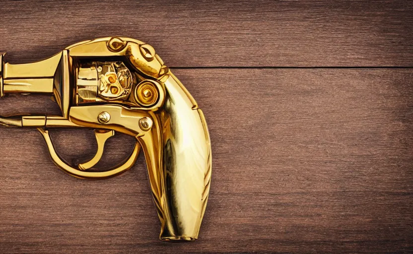 Image similar to shiny golden revolver laying on a wooden table, complex, high detail