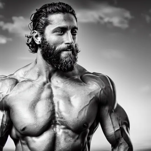 Prompt: Jesus Christ is a jacked muscle builder gigachad, grayscale photography