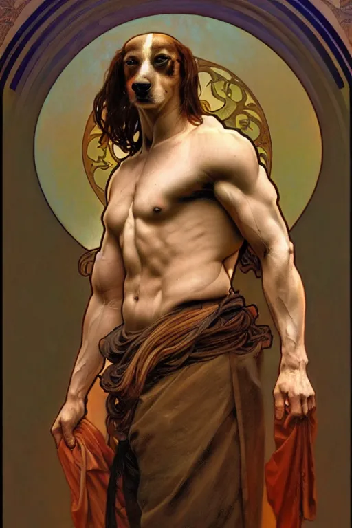 Image similar to portrait of dog as god by greg ruthkowski, alphonse mucha and craig mullins, gorgeous, amazing, flowing hair, muscular, very muscular male body, intricate, highly detailed, 8 k, digital painting