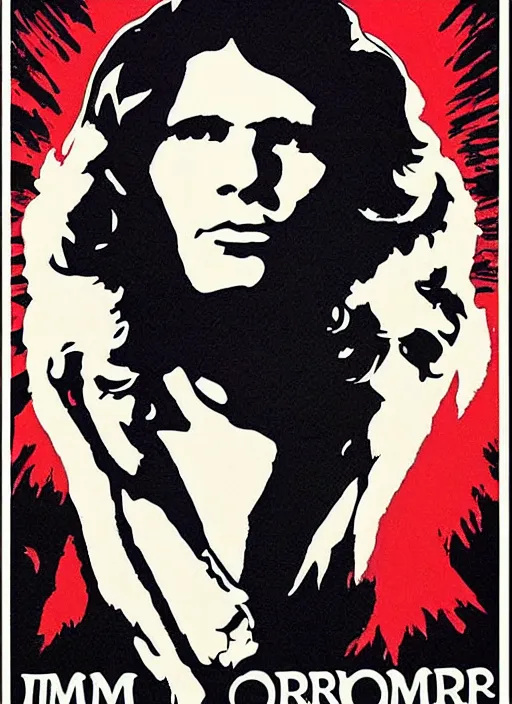 Image similar to Jim Morrison Poster, 1970's, Art Poster, screen print, Cream paper, black, red and cyan ink