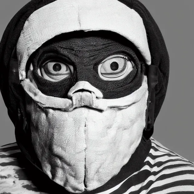 Image similar to a close-up black-and-white studio portrait of Roberto Bolaños Chaves El Chavo del Ocho wearing the MF Doom mask. Madvillain album cover