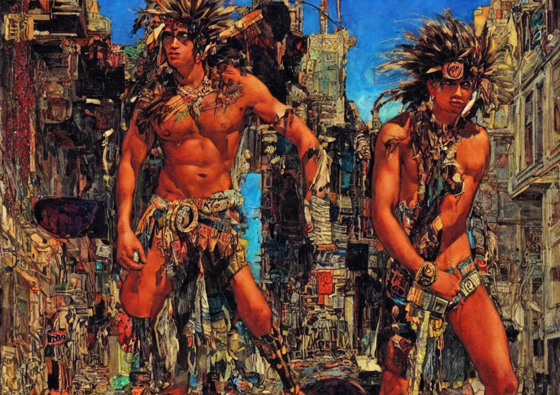 Prompt: a punk polynesian greek god searching through the streets of an abandoned city, sparse detail, complementary color scheme, by george luks, mati klarwein and moebius