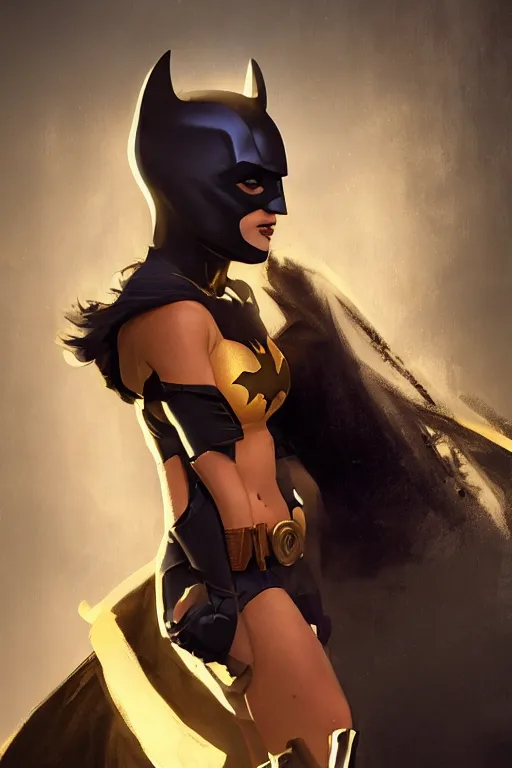 Image similar to portrait of Young Jennifer Connelly as Batgirl , face portrait, raphael lacoste, eddie mendoza, alex ross, concept art, matte painting, highly detailed, rule of thirds, dynamic lighting, cinematic, detailed, denoised, centred