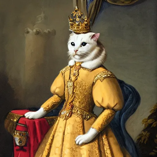 Prompt: a portrait of a Royal cat dressed in king's style