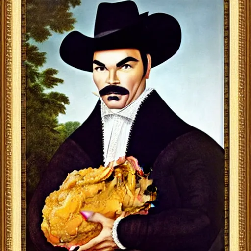 Prompt: a 1 6 0 0 s framed portrait painting of burt reynolds holding a bucket of fried chicken, intricate, elegant, highly detailed