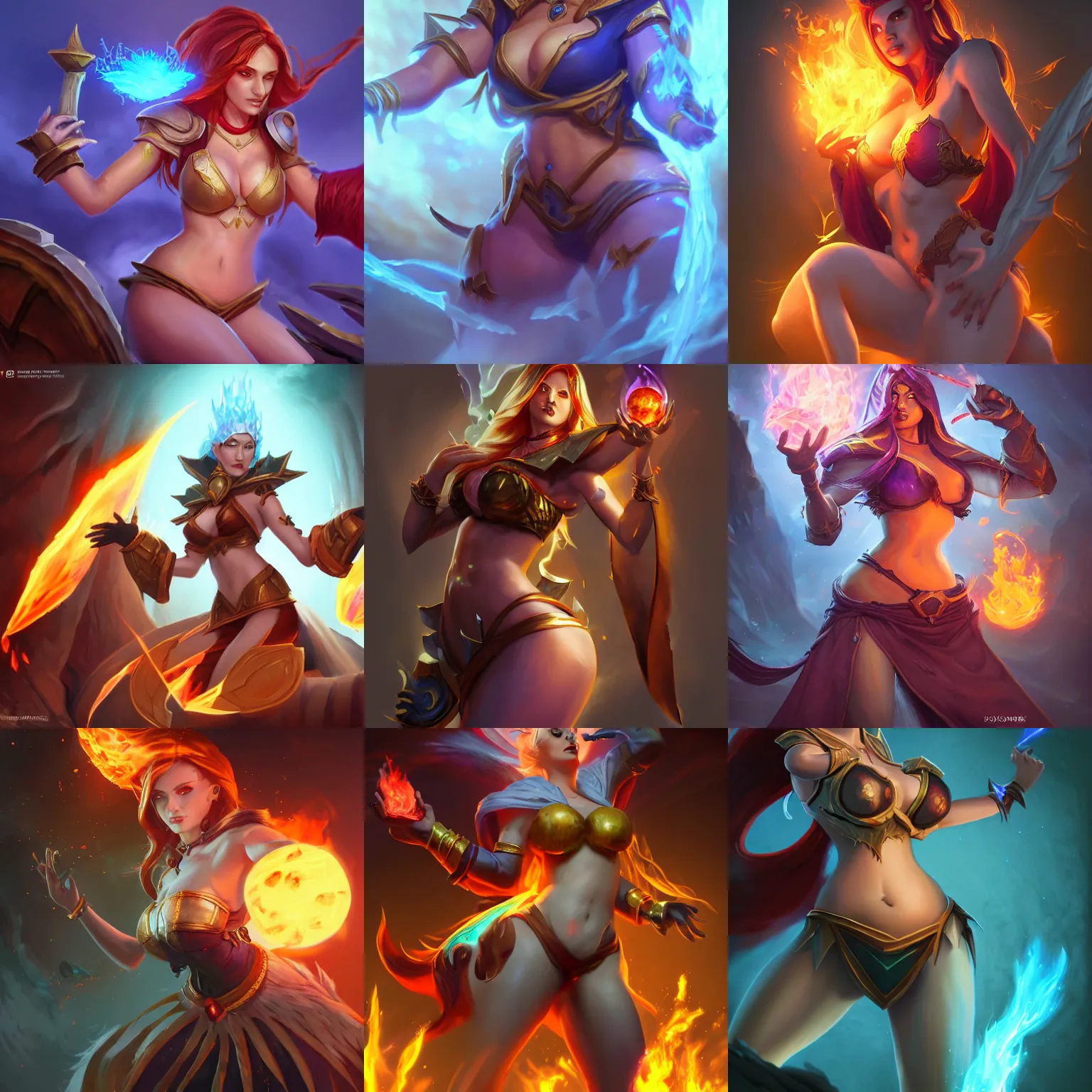 Prompt: The sorceress casting a fire ball, league of legends, tiny abdomen & inflated hips body, highly detailed, digital painting, artstation, concept art, smooth, sharp focus, illustration, ArtStation, art by 100% Hearthstone