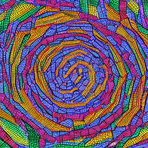 Image similar to An interlocking series of rectangular nodes driven by vortices singling out a chaotic colorful mosaic premised upon the suffering of all man