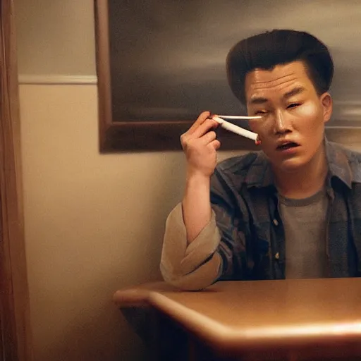 Image similar to hyperralism pineapple express movie still photography of hyperrealism detailed north korean kim chen with detailed face smoking weed in basement bedroom