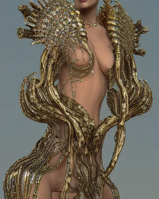 Image similar to a highly detailed metahuman 4 k close up render of an alien goddess bella hadid monument renaissance in iris van herpen dress schiaparelli in diamonds crystals swarovski and jewelry iridescent in style of alphonse mucha gustav klimt trending on artstation made in unreal engine 4