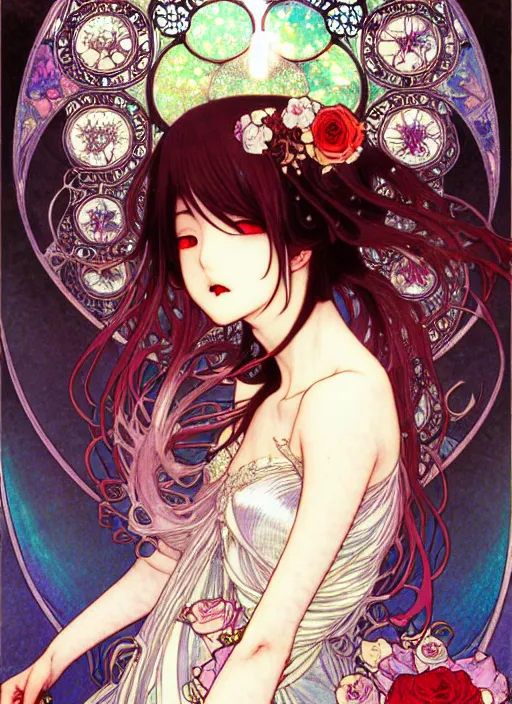 Image similar to exquisite imaginative manga poster art of a vampire girl, roses, pearlescent, shimmering, reflective, rim light, detailed background, by kojima ayami, akihiko yoshida, minaba hideo, alphonse mucha, art nouveau, illustration, artstation, concept art, highly detailed, colorful, maximalist