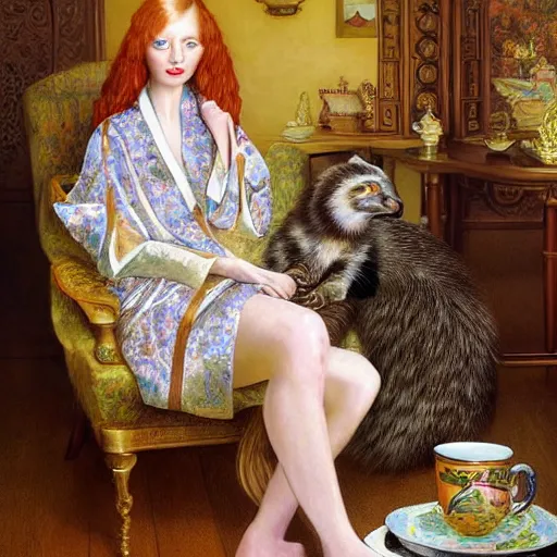 Image similar to a stunning hyper-detailed photorealistic painting of only one slender beautiful smiling woman with long ginger hair and bangs, wearing a luxurious silk robe, wearing headphones and posing with her large ginger tabby cat and her raccoon and parrots in an overstuffed easy chair in her sunlit victorian living room, holding a porcelain parrot-shaped coffee mug and a donut, perfect eyes, fashion photography, cinematic lighting, octane render, IBEX Masters, unreal engine, 85 mm lens, paisley wallpaper