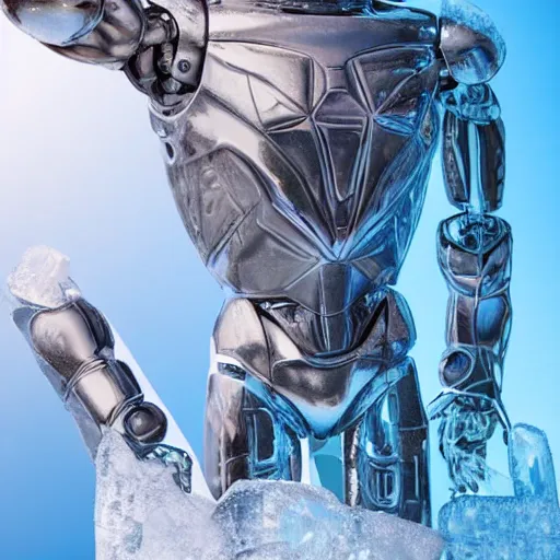 Image similar to made of ice, a realistic detailed photo of a guy who is an attractive humanoid who is half robot and half humanoid, who is a male android, on display, blank stare, showing off his muscles, shiny skin, posing like a statue, by the pool, frozen ice statue, twitch streamer / gamer ludwig, humanoid robot