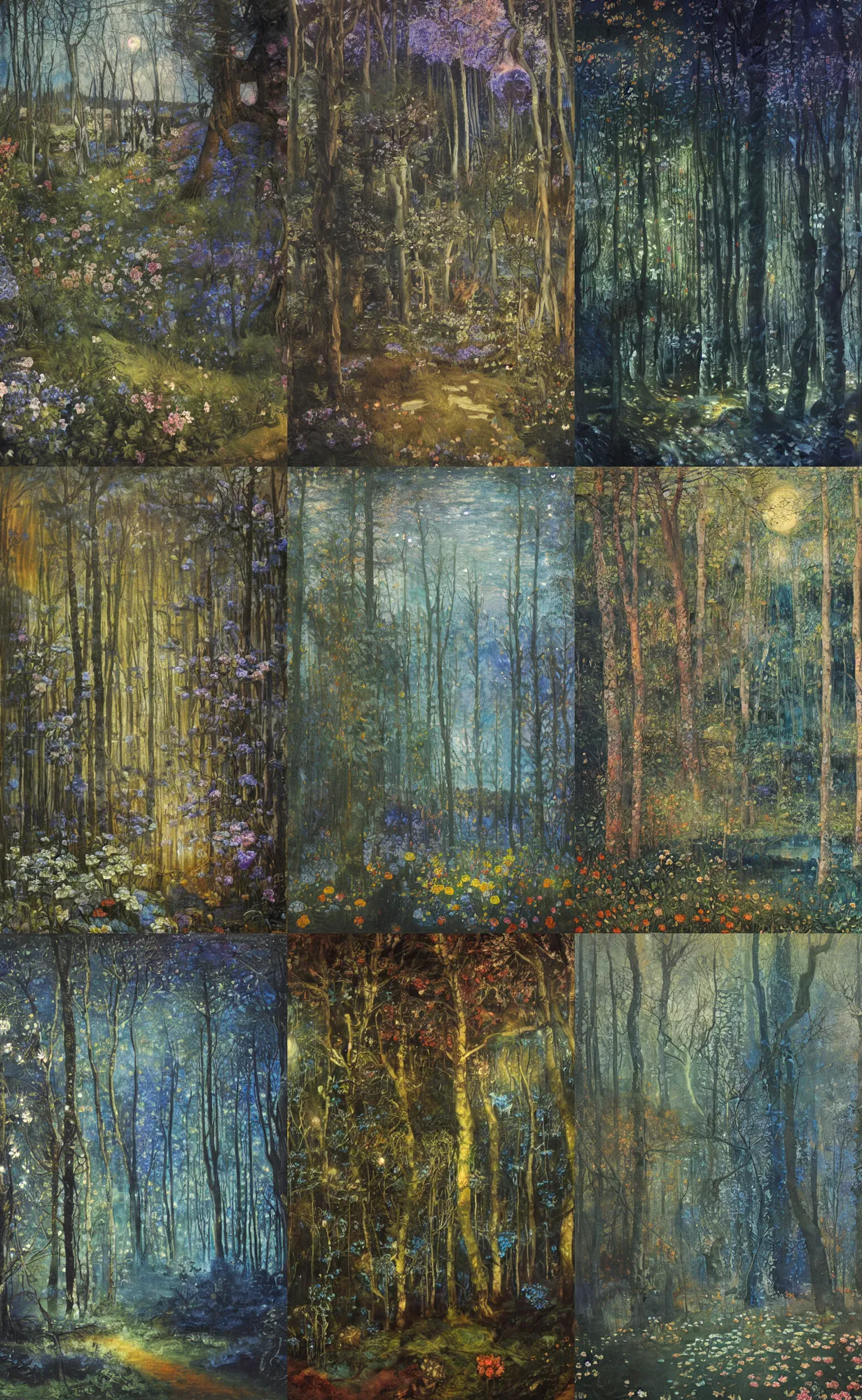 Prompt: painterly dreamy forest with trees, flowers and midnight sky by Mikhail Vrubel, dark fantasy, witcher, detailed oil painting, masterpiece, 8k