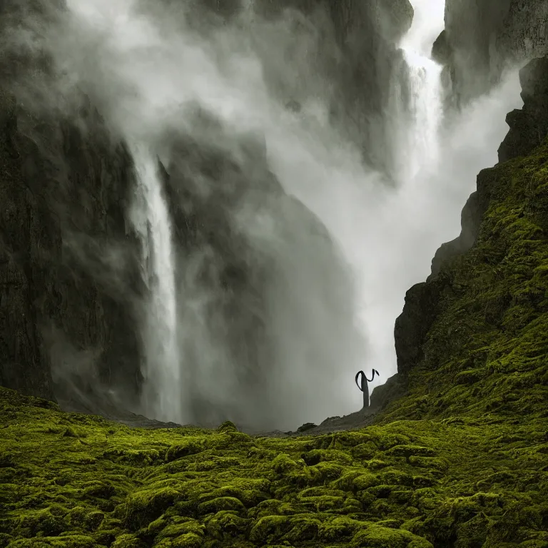 Image similar to dark and moody photo by ansel adams and pedar balke and wayne barlow, a giant tall huge woman in an extremely long white dress made out of smoke, standing inside a green mossy irish rocky scenic landscape, huge waterfall, volumetric lighting, backlit, atmospheric, fog, extremely windy, soft focus
