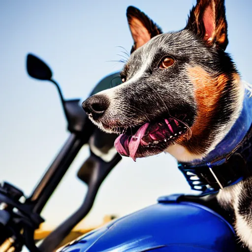 Image similar to blue heeler dog on a motorcycle, 8 k photography, blurred background of a wafflehouse