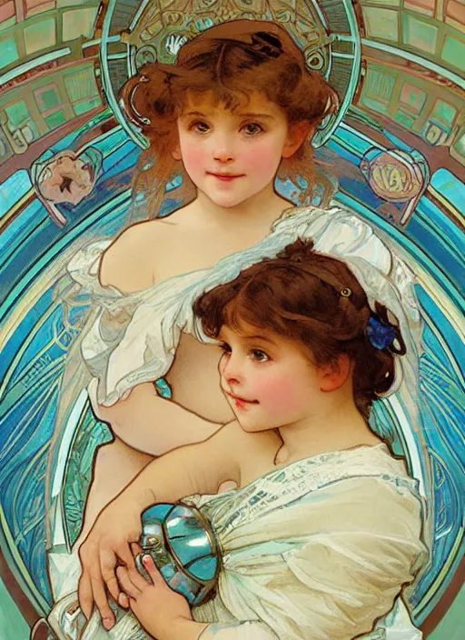 Prompt: a cute little girl with a round cherubic face, blue eyes, and short wavy light brown hair smiles as she floats in space with stars all around her. she is wearing a turquoise dress. beautiful painting by alphonse mucha and artgerm and greg rutkowski