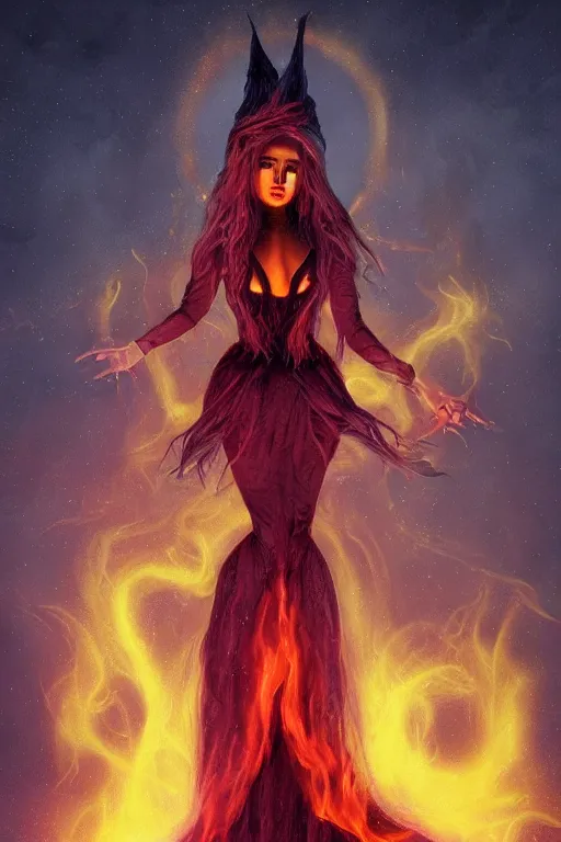 Image similar to evil fire witch ariana grande, art by frank kelly & michael bohme, trending on artstation, bioluminescence closeup view illustrator, american romanticism, very very elegant, 4 k hd