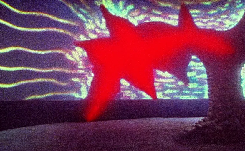 Image similar to light coming out of one starfish - like kaiju anthropomorphic monster, korean film noir by kim jong - il, korean traditional palace, pyongyang city, 1 9 6 0 s, red color bleed, 4 k, video compression, video glitch, monochrome, akira kurosawa, mamoru oshii, wes anderson, stanley kubrick