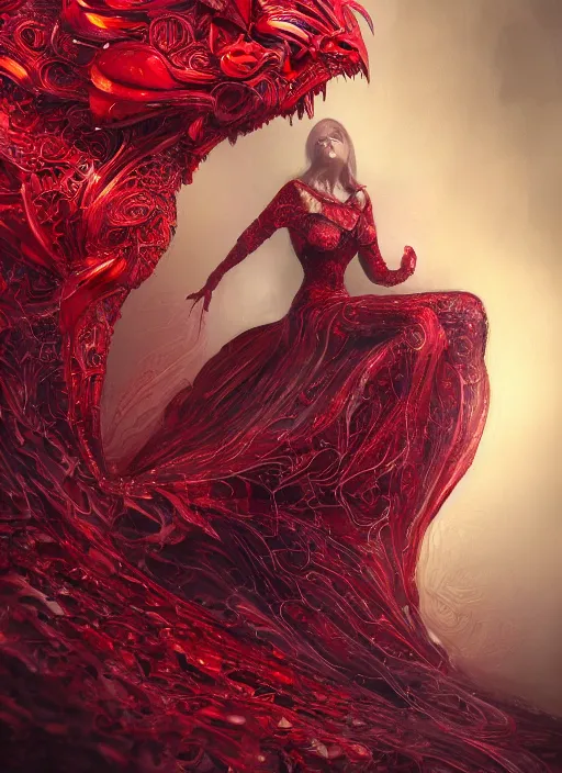 Image similar to woman in love sit upon a scarlet coloured beast, pain, royal dress, light effect, hyper detailed, intricate, atmospheric, elegant, highly detailed, digital painting, artstation, concept art, matte, sharp focus, illustration, by james jean, andrei riabovitchev, marc simonetti, yoshitaka amano