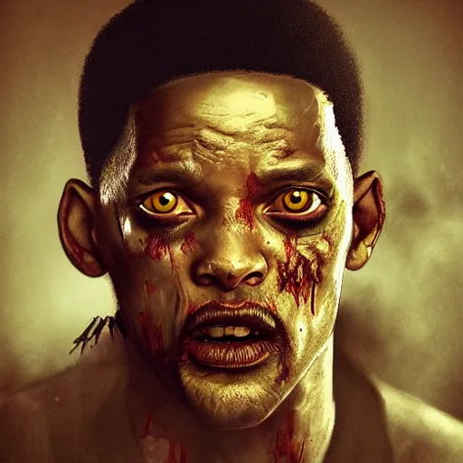 Image similar to a zombie Will Smith, by WLOP, horror, wounds, bloody, dark fantasy, trending on artstation